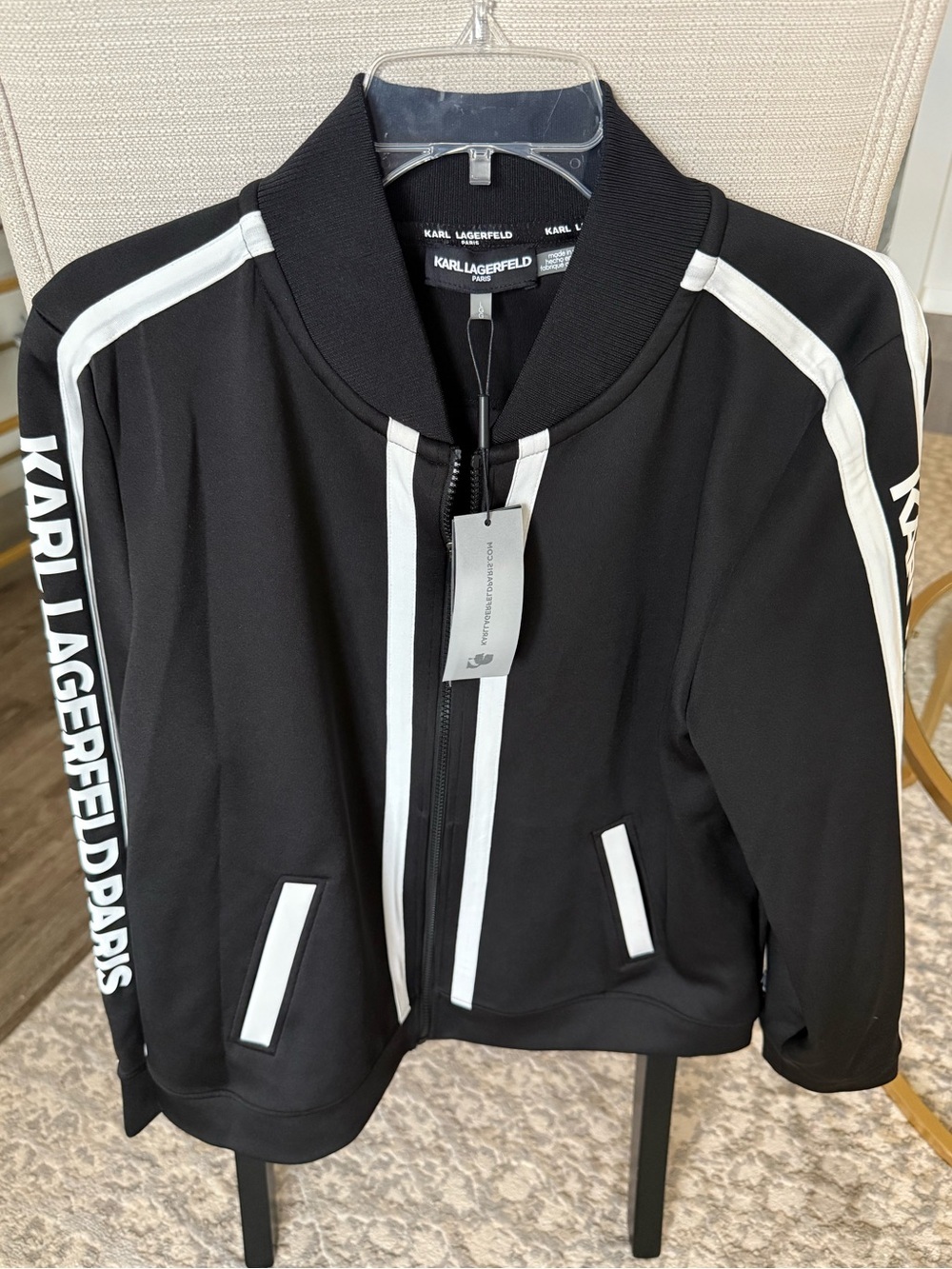 NWT Karl Lagerfeld Paris Logo Block Letter Track Jacket Large Black Bomber - Picture 3 of 10